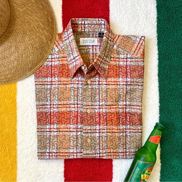 Orange check plaid geometric design short sleeve shirt by Tuttle Sportswear - Picture 8 of 16